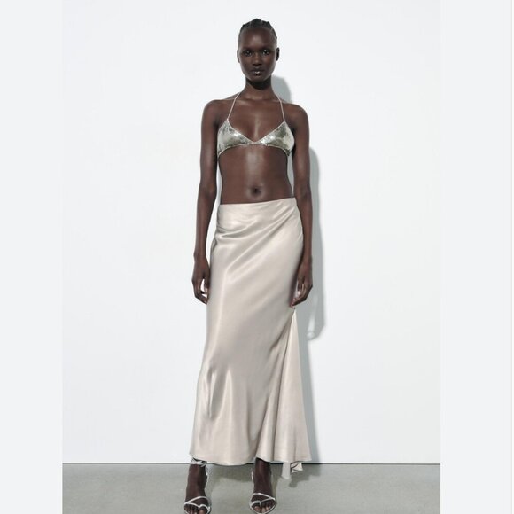 Zara Bias Cut Satin Maxi Skirt Silvery Tan NWT Size Medium - Picture 7 of 13